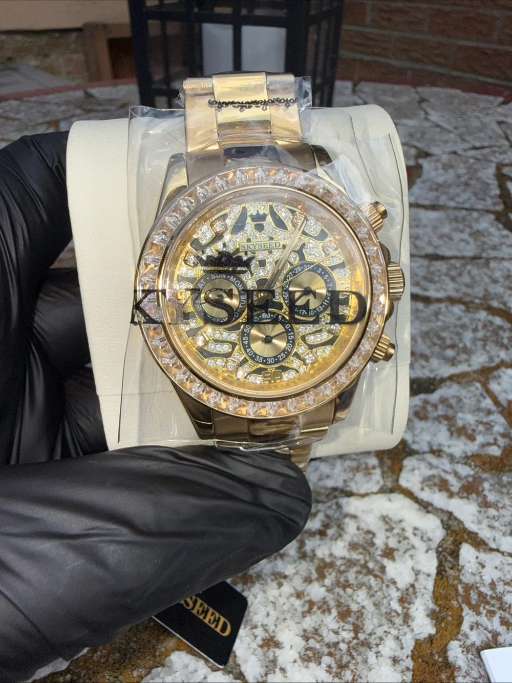 Men's Gold Mechanical Watch with Crystal Accent